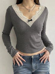 Lace Trim Splice V Neck Long Sleeve Knit - HouseofHalley