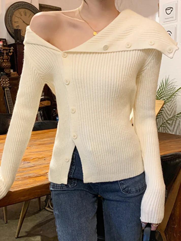 Solid Irregular Lapel Neck Off Shoulder Long Sleeve Knit - HouseofHalley