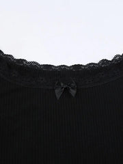 Off Shoulder Lace Splice Bow Decor Long Sleeve Tee