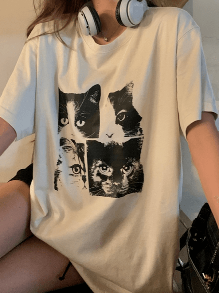 Cat Print Loose Oversized Short Sleeve Tee - HouseofHalley