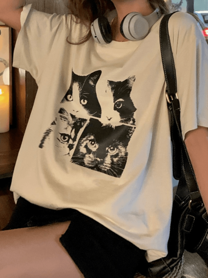 Cat Print Loose Oversized Short Sleeve Tee - HouseofHalley