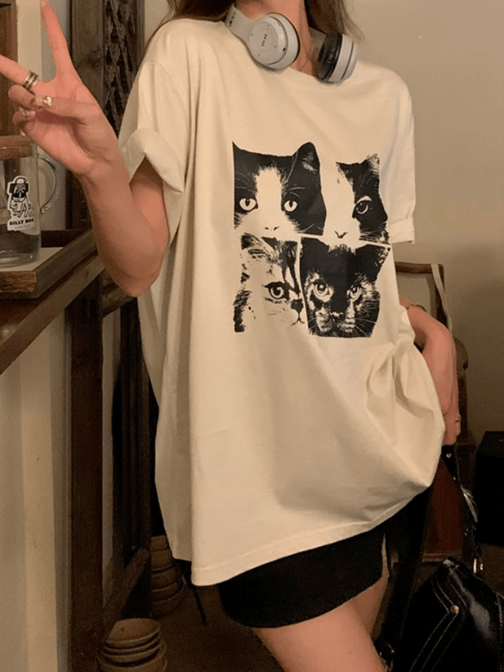 Cat Print Loose Oversized Short Sleeve Tee