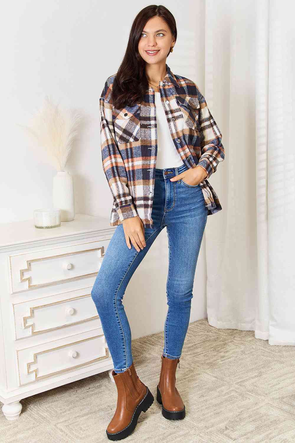 Double Take – Karierte Hemdjacke mit Knopfleiste vorne und Brusttaschen