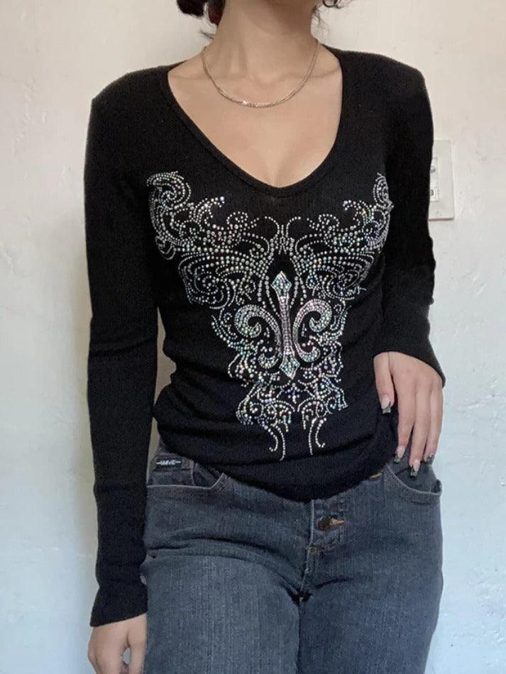 Gothic Rhinestone Print V Neck Long Sleeve Tee - HouseofHalley