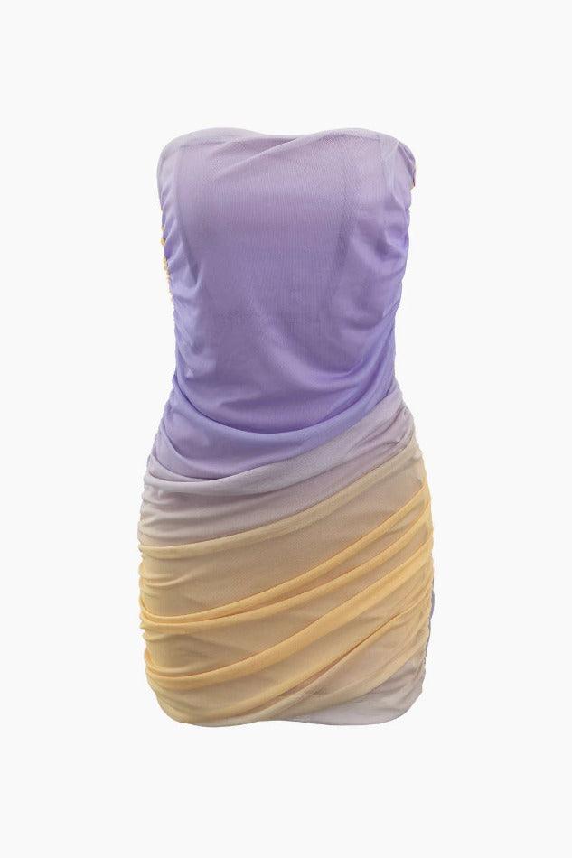 Color Block Mesh Ruched Strapless Mini Dress - HouseofHalley