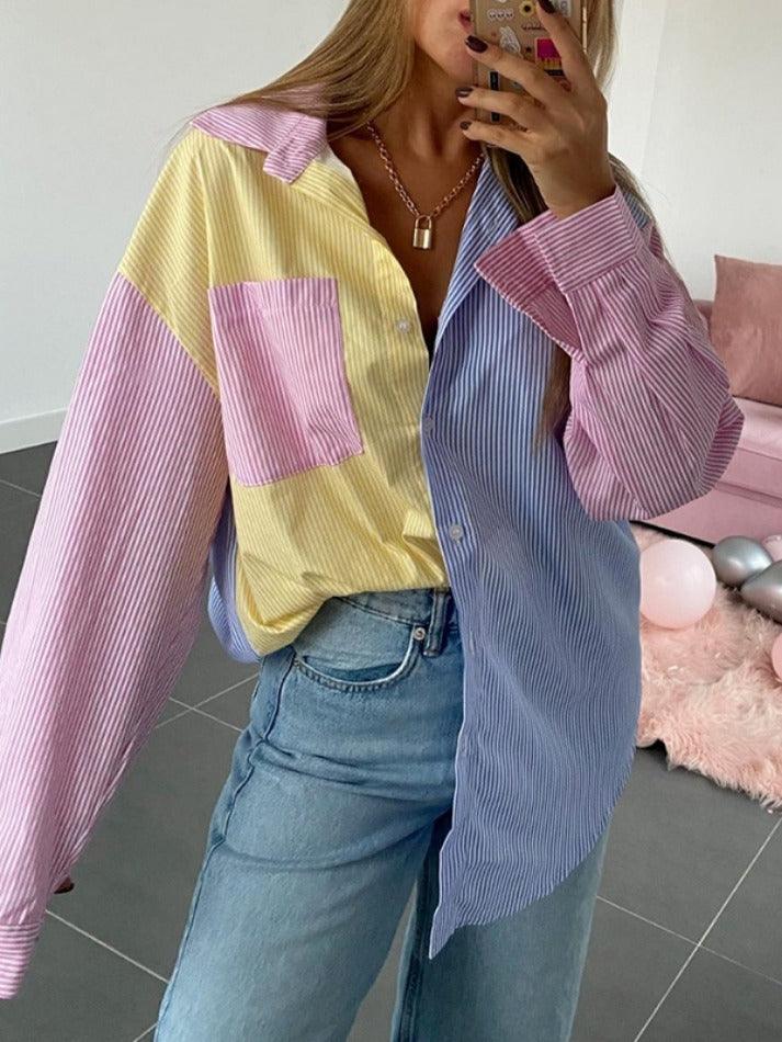 Colorful Pinstripe Splice Baggy Long Sleeve Blouse - HouseofHalley