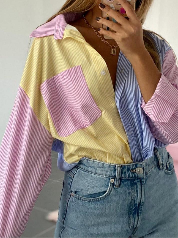 Colorful Pinstripe Splice Baggy Long Sleeve Blouse - HouseofHalley