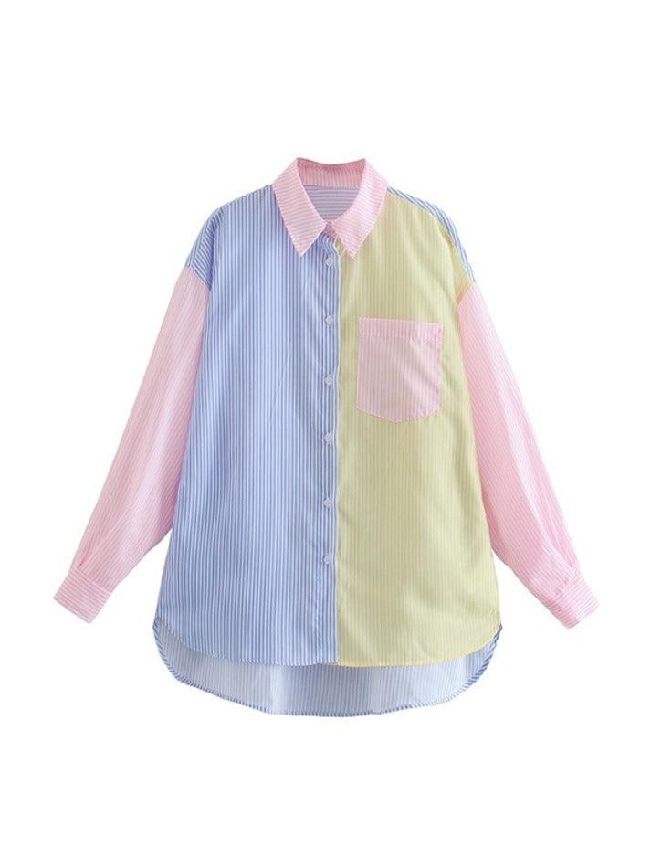 Colorful Pinstripe Splice Baggy Long Sleeve Blouse - HouseofHalley