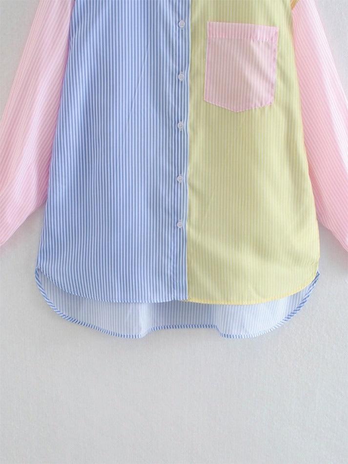 Colorful Pinstripe Splice Baggy Long Sleeve Blouse - HouseofHalley