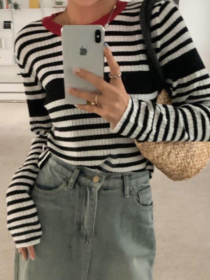 Contrast Color Stripe Slim Long Sleeve Knit - HouseofHalley