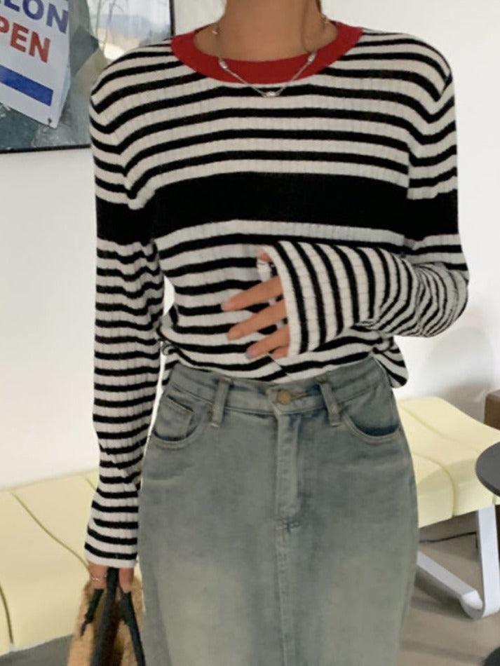 Contrast Color Stripe Slim Long Sleeve Knit