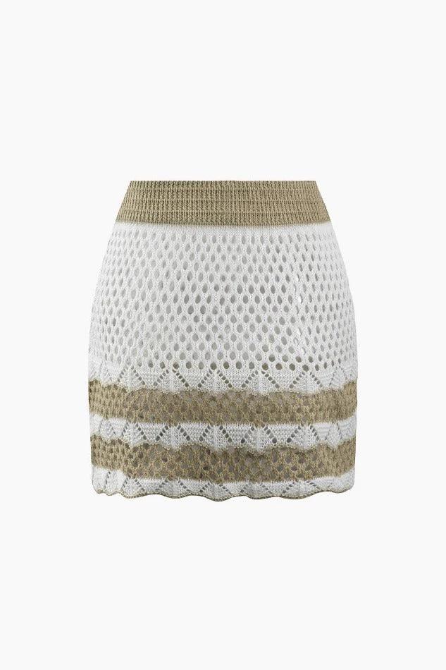 Contrast Openwork Knit V-neck Top And Mini Skirt Set