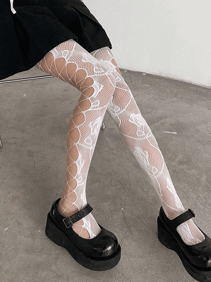 Criss Cross Cutout Floral Mesh Tights