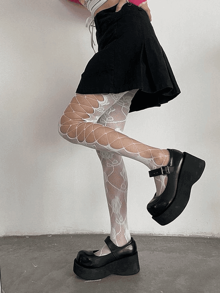 Criss Cross Cutout Floral Mesh Tights