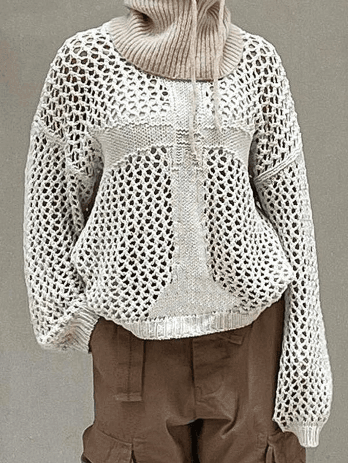 Cross Pattern Crochet Hollow Long Sleeve Knit Top - HouseofHalley