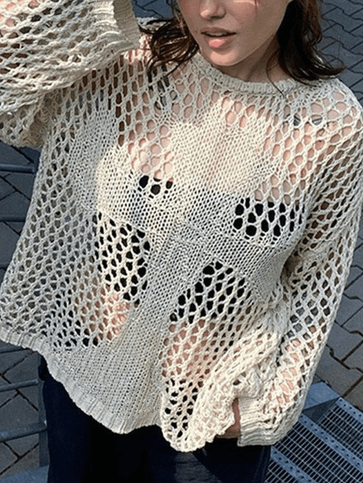 Cross Pattern Crochet Hollow Long Sleeve Knit Top - HouseofHalley