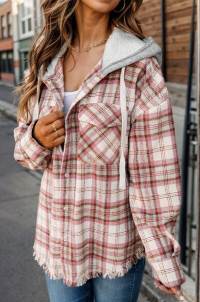 Karierte Kapuzenjacke mit offenem Saum und Kordelzug