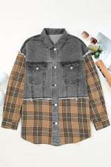 Karierte Jeansjacke mit offenem Saum und Knopfleiste