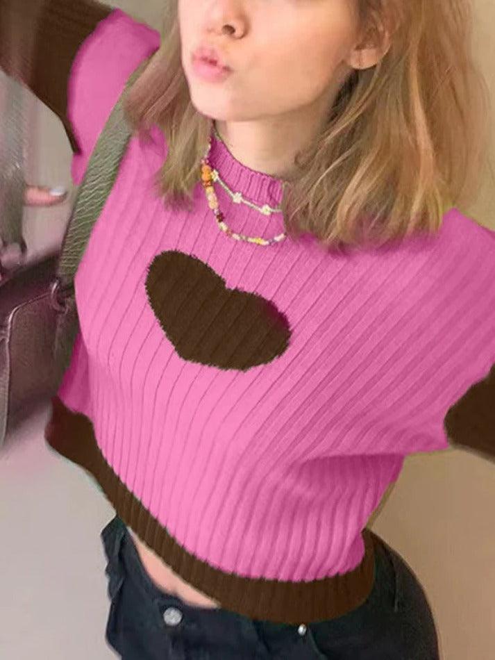 Knit Heart Print Slim Sweater - HouseofHalley