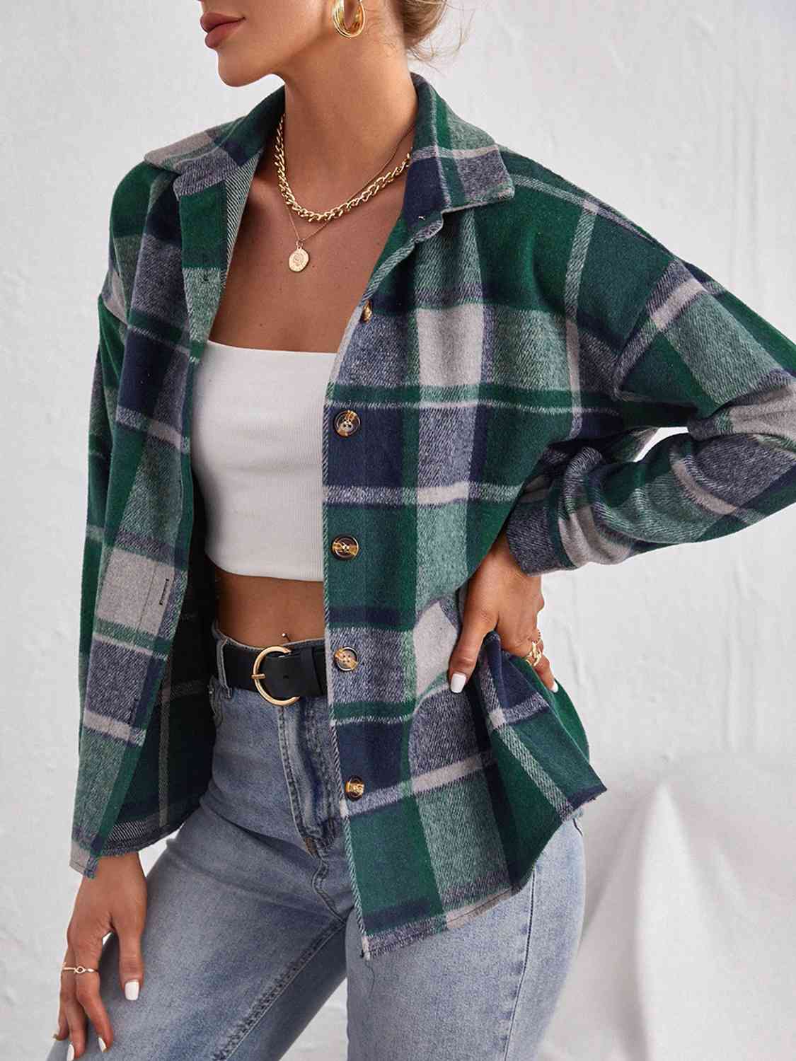 Karierte Button-Down-Jacke mit Kragen