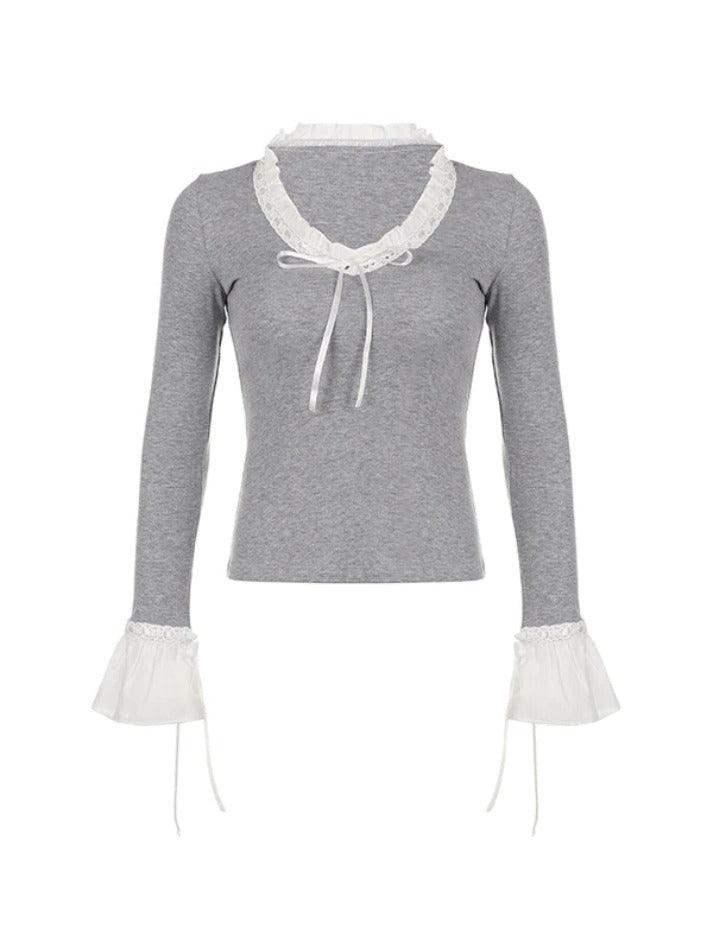 V Neck Lace Splice Bow Flare Long Sleeve Knit