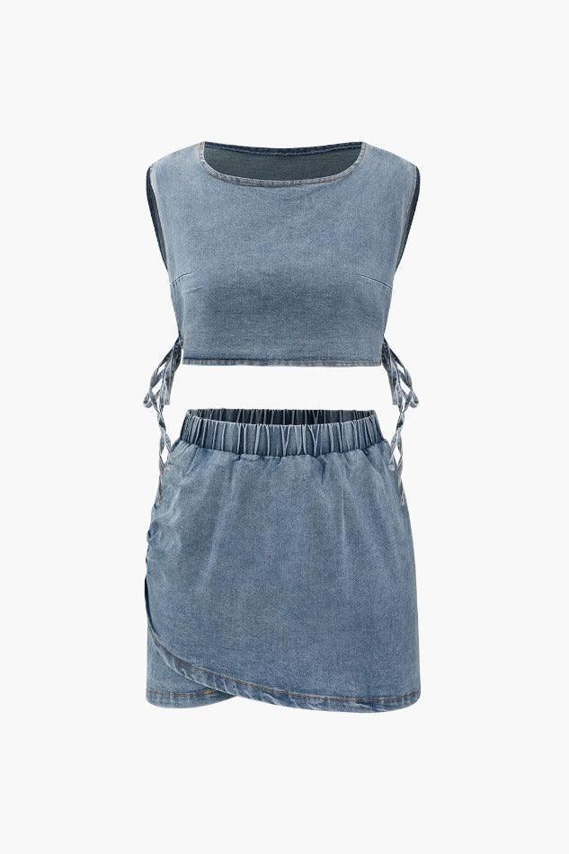 Denim Side Tie Tank Top And Wrap Mini Skirt Set - HouseofHalley