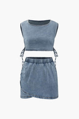 Denim Side Tie Tank Top And Wrap Mini Skirt Set - HouseofHalley