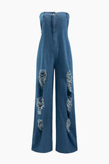 Destroyed Denim Strapless Jumpsuit - HouseofHalley