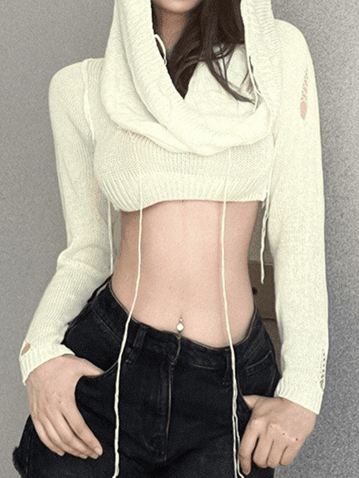 Distressed Hooded Knit Crop Top