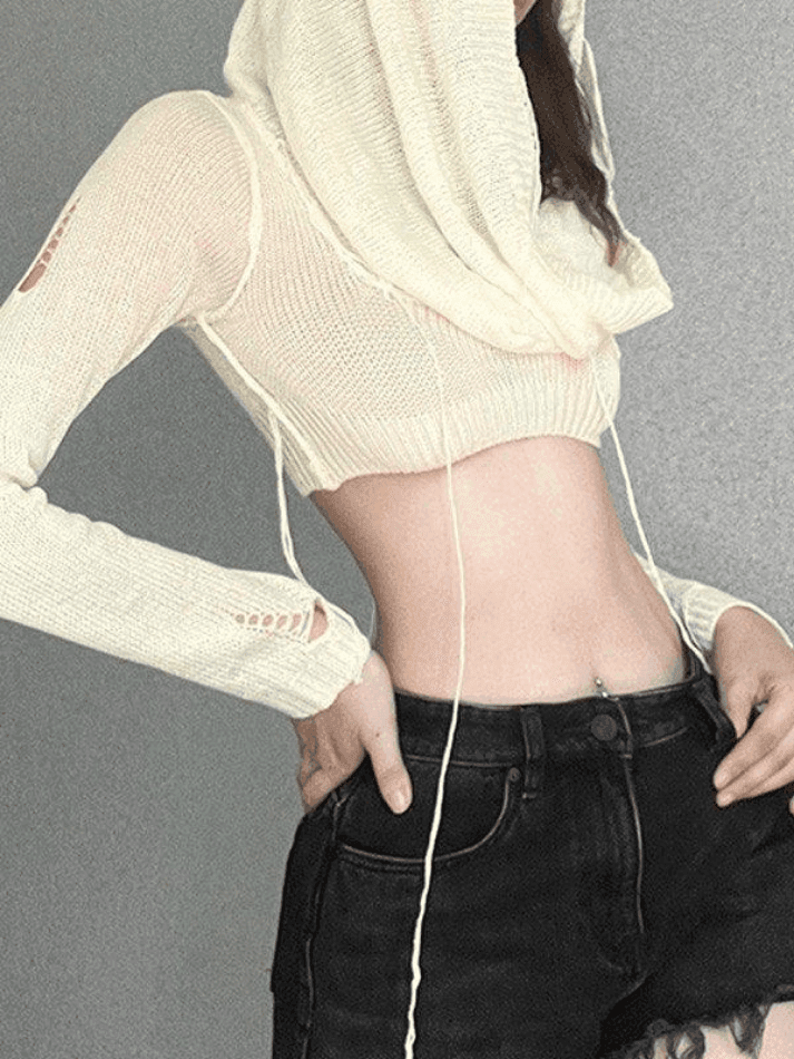 Distressed Hooded Knit Crop Top