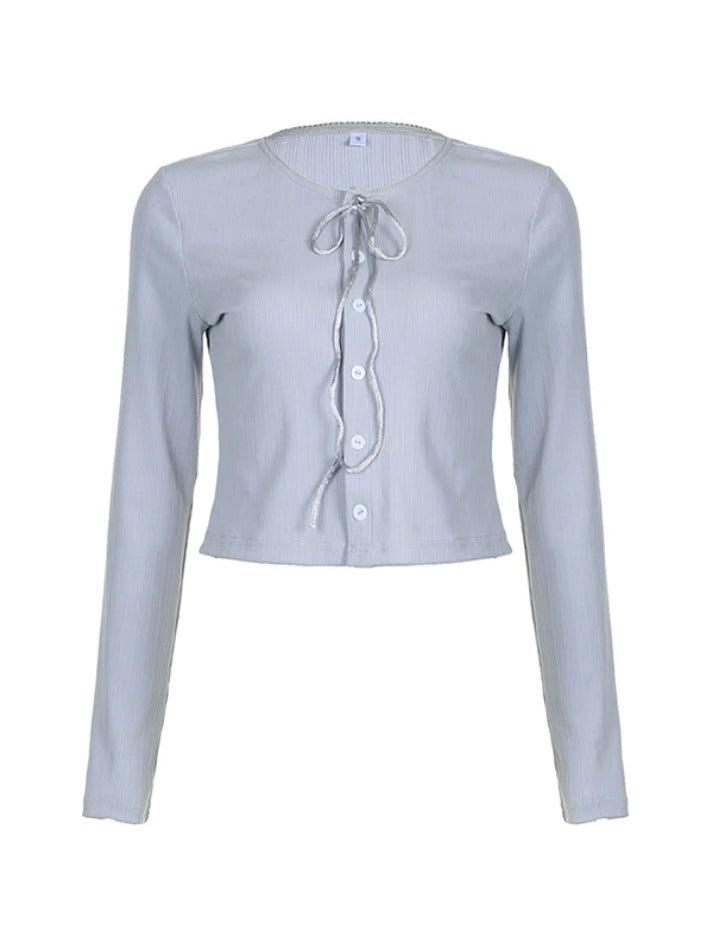 Solid Tie Front Bow Breasted Long Sleeve Knit - HouseofHalley