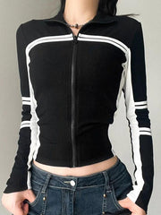 Contrast Color Splice Zipper Collar Neck Long Sleeve Knit - HouseofHalley