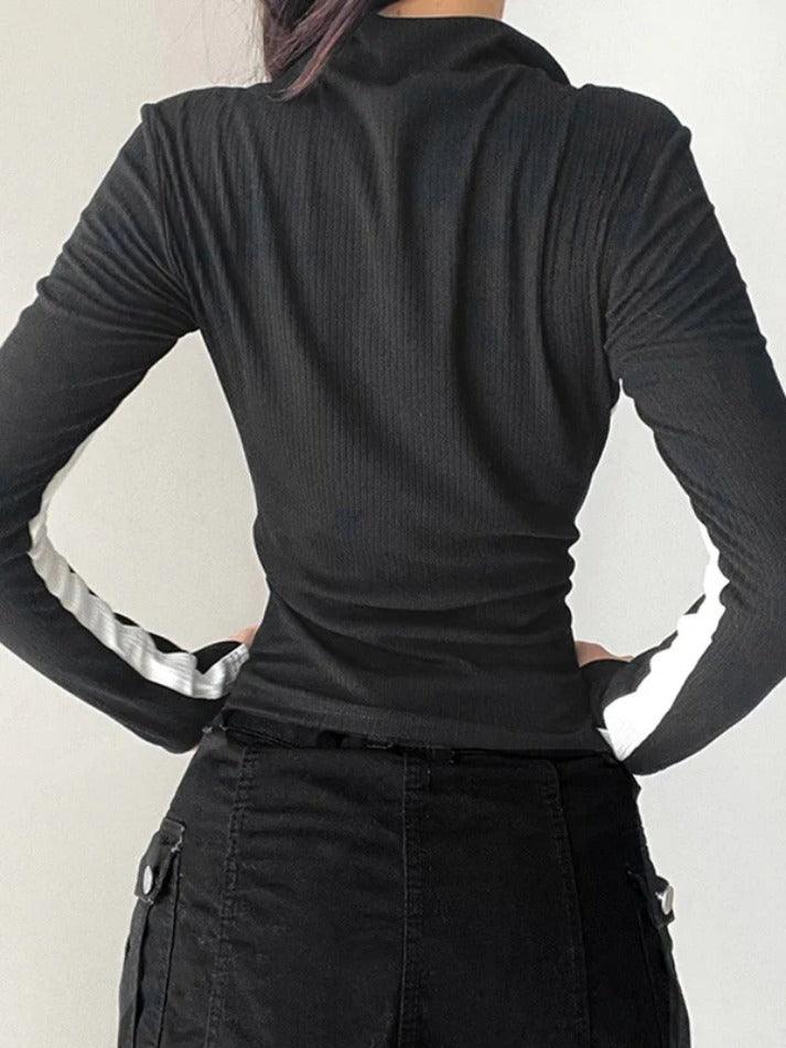 Contrast Color Splice Zipper Collar Neck Long Sleeve Knit