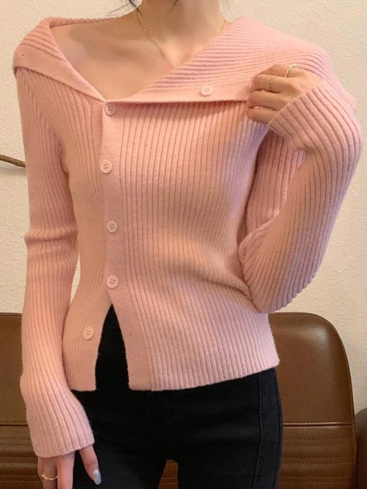 Solid Irregular Lapel Neck Off Shoulder Long Sleeve Knit