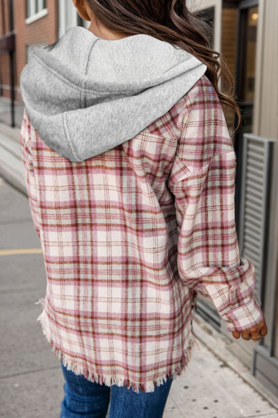 Karierte Kapuzenjacke mit offenem Saum und Kordelzug