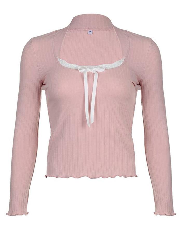 Long-Sleeve Scoop Neck Bow Accent Lace Trim Knit Top