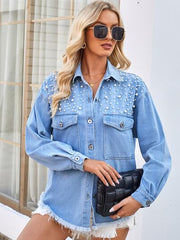 Jeansjacke mit Perlendetail und Taschen zum Knöpfen