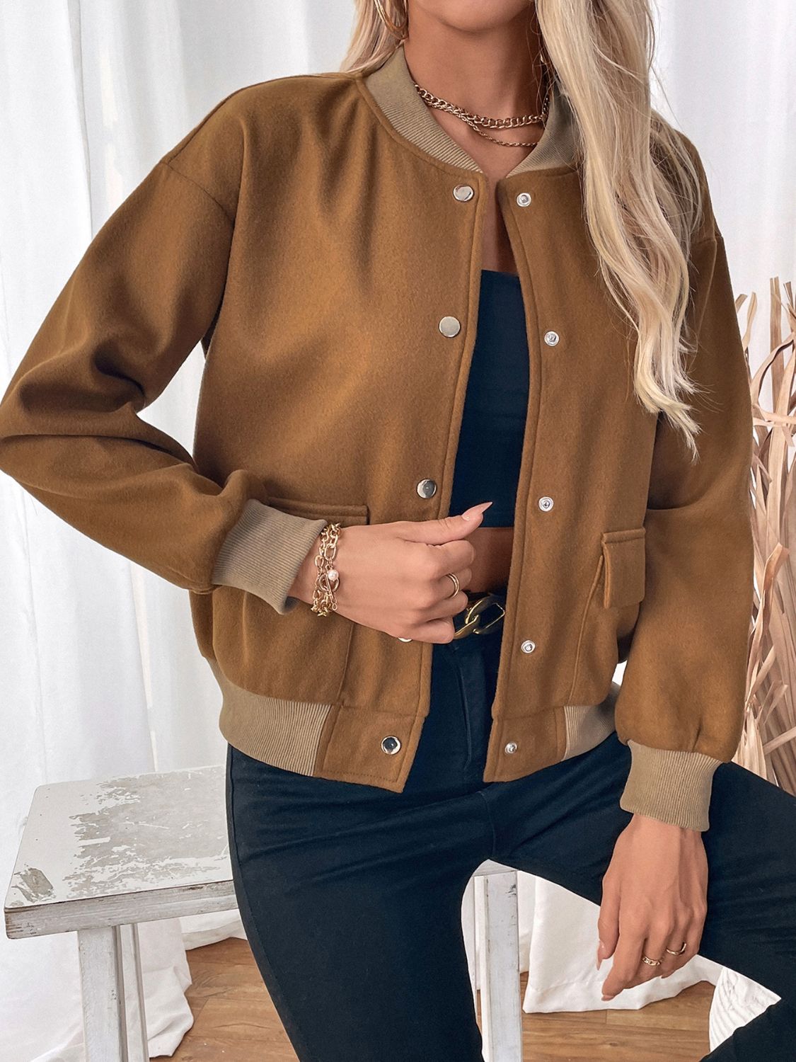 Perfee Baseball Collar Snap Down Long Sleeve Jacket