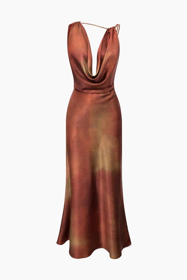 Tie Dye Asymmetric Cowl Neck Satin Maxi Dress - HouseofHalley