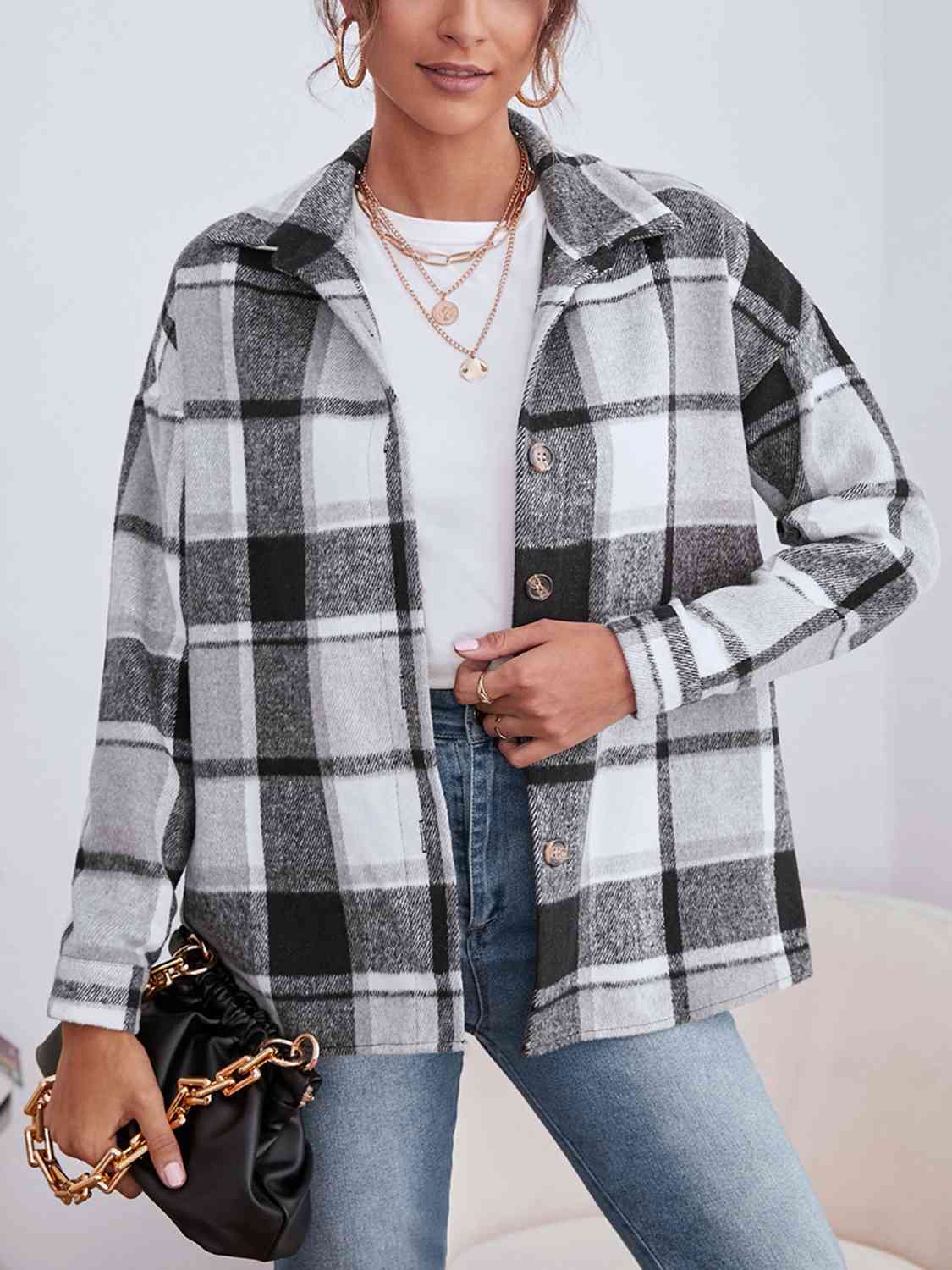 Karierte Button-Down-Jacke mit Kragen