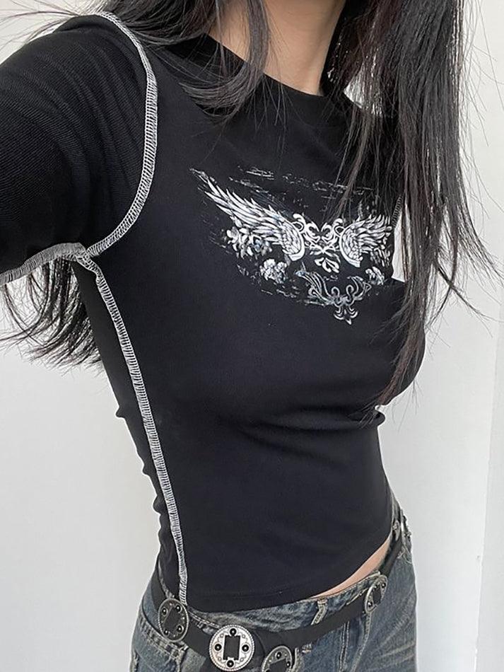 Long Sleeve Wings Print Slim-Fit T-Shirt