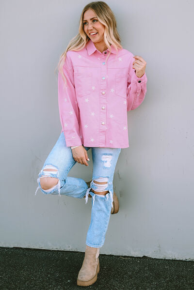 Jeansjacke mit Knopfleiste und Schlitz und Sternmuster