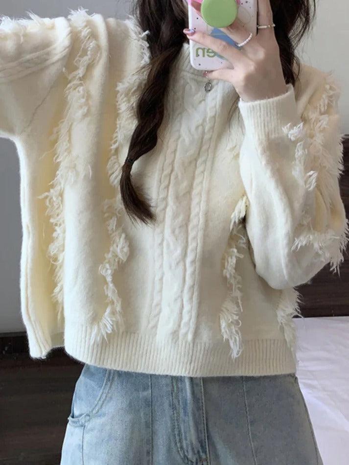 Solid Tassel Cable Knit Sweater