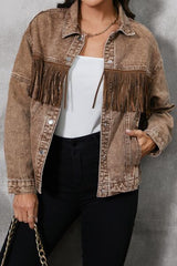 Jeansjacke mit Fransenbesatz und Druckknöpfen