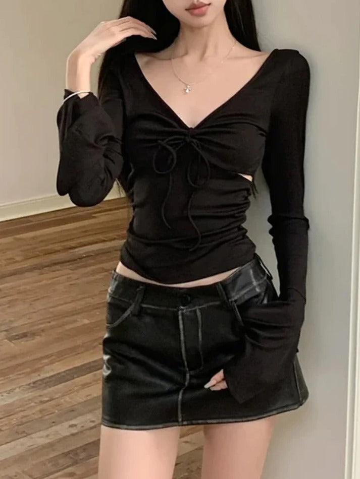 Solid V Neck Side Cutout Trumpet Sleeve Long Sleeve Knit