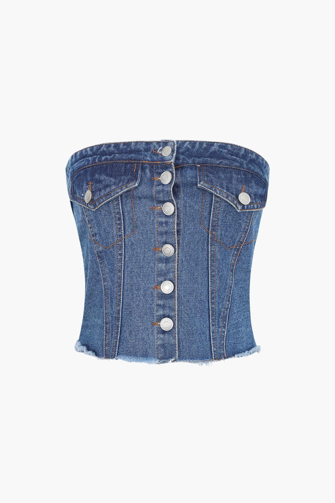 Frayed Hem Denim Strapless Top - HouseofHalley