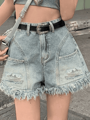 High Waist Hole Burr Tassel Denim Short - HouseofHalley