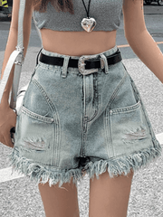 High Waist Hole Burr Tassel Denim Short - HouseofHalley