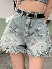 High Waist Hole Burr Tassel Denim Short - HouseofHalley