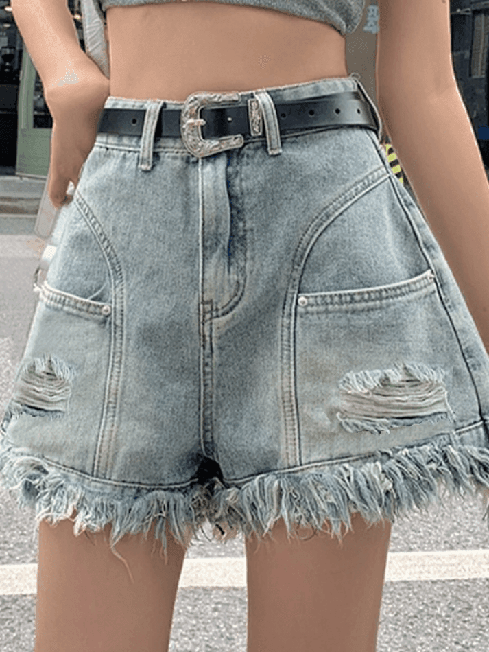 High Waist Hole Burr Tassel Denim Short